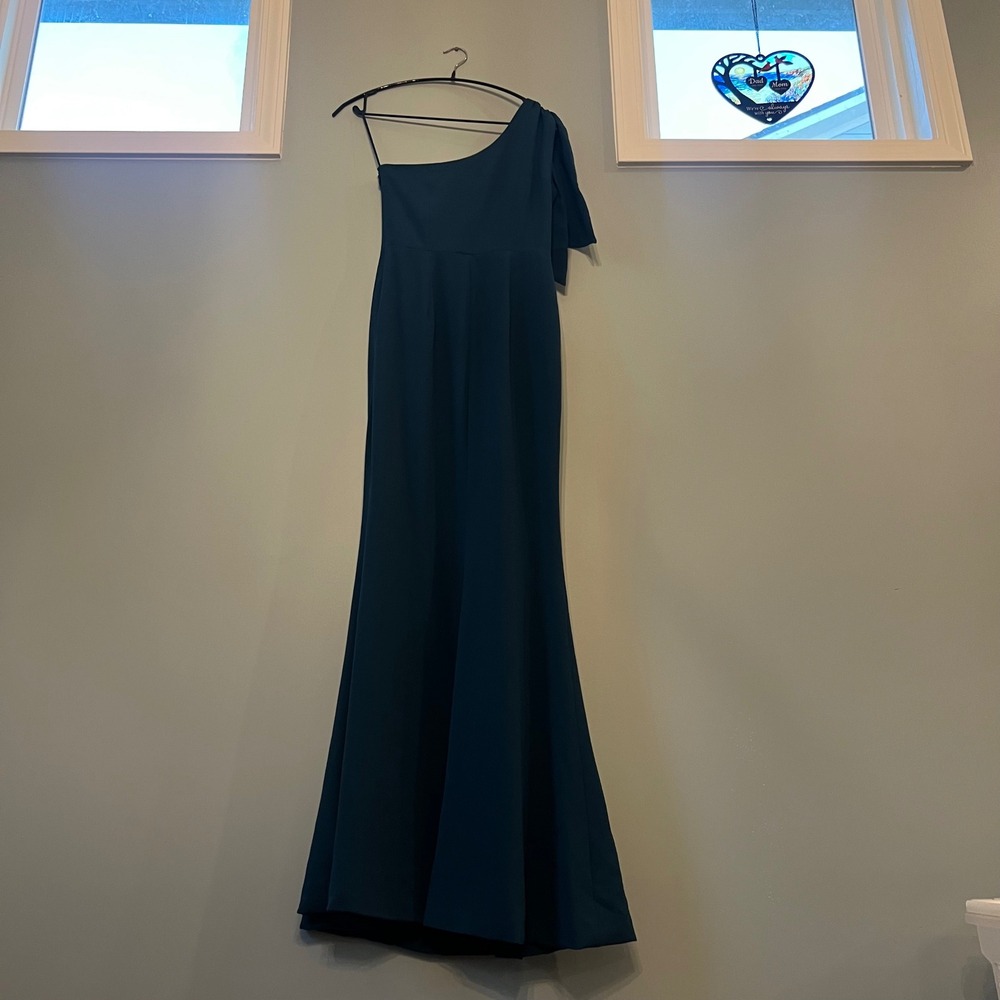 Dress the Population Georgina Gown Women S Peacock Blue Bow Front Slit Dress - Picture 2 of 12